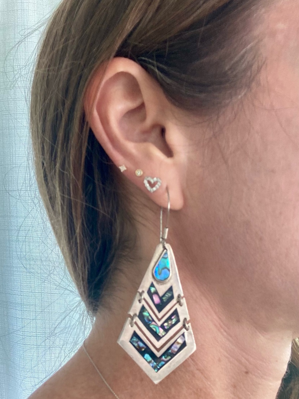Taxco Sterling Silver Abalone Inlay Geometric Drop Earrings